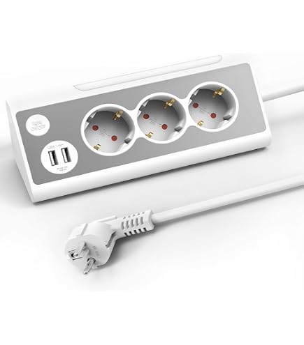 Regleta De Enchufes Con USB Y Luz LED - 3 Tomas, USB A Y C, Interruptor Táctil, Acero Inoxidable, Blanco