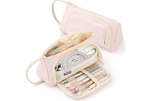 ONCCI Trousse à Crayons de Grande Capacité Durable,Trousse à Crayons avec Multifonctionnel Compartiments,Stylos Étui Sac pour Étudiant Papeterie Filles (Crème-Rose)