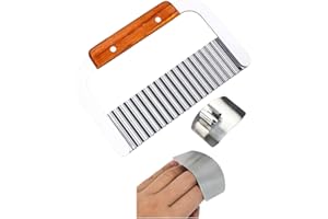 "N/A" Malkeesha Stainless Steel Chip Cutter, Wavy Potato Chipper with Gifted Finger Guard, Can Safely Use by Elder and Children, Blade Wooden Handle Secretor Crinkle Cutter for Vegetable and Salad