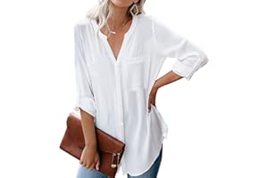 Dordanity Damen Bluse Elegant V-Ausschnitt Hemd Langarm Casual Arbeit Einfarbig Button Down Lose Langarmshirt Oberteile Tops