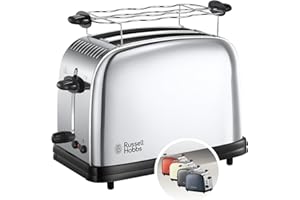 Russell Hobbs Grille Pain [Pour 2 Tranches] Chester (Fentes extra larges, Design en Inox,Niveau de Brunissage réglable, Surélévation, Réchauffe viennoiserie, Ramasse miettes, 1670W) Toaster 23310-56