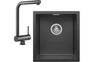 CECIPA Fregadero Cocina Negro 40x44cm + Grifo Cocina Abatible Negro, Fregadero Cocina 1 Seno en Acero Inoxidable, Fregadero bajo Encimera o Sobre Encimera, con sifón, Juego de Desagüe