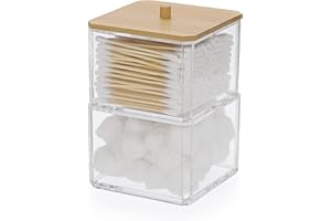 SUMTree Stackable Qtip Cotton Ball Holder 2 Layers Acrylic Qtip Dispenser with Bamboo Lid, Floss Swab Dispenser, Bathroom Storage Jar Canister, Plastic Apothecary Jar for Kitchen Bathroom