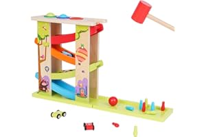 Arkyomi Drewniany tor kulkowy 3 w 1, do gry w kształcie młotka, 3 w 1, tor kulkowy z 4 pojazdami, dla chłopców i dziewczynek