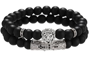 RIXERKOC 2PCs Hombres Pulseras de cuentas de León Cabeza Corona Rey Pulseras para Hombres Mujeres Elastis Negro Onyx Cuentas Protección Pulsera para Hombres Mujeres