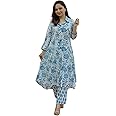 GRECIILOOKS Anarkali Kurta-Set for Women – Cotton Printed Kurta & Straight Pant | Festive Indian Traditional Outfit for Functions & Puja