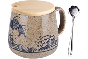 TuYines Ceramiczny kubek do kawy z pokrywką, 400 ml, styl japoński, z pokrywką, można myć w zmywarce i używać w kuchence mikrofalowej