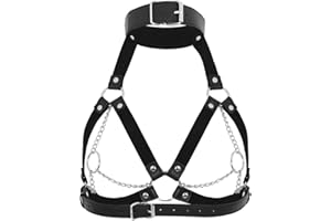 FEESHOW Women's Faux Leather Open Bra Strappy Choker Adjustable Body Chest Binder Bra Top with Rivets
