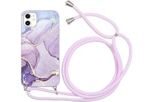 ZhuoFan Handykette Handyhülle für iPhone 11 Hülle mit Band,Aesthetic Marmor Muster Verstellbarer Halskette mit Kordel zum umhängen,Violett Silikon Stoßfest Schutzhülle mit Kette Cover,Marble Case