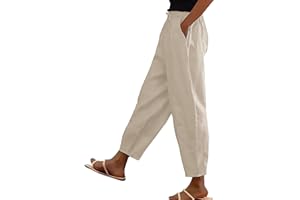 bolukets Leinenhose Damen 7/8 Leichte Freizeithose Casual Musselin Sommerhose Stoffhose Kordelzug Straight Leg Hose Mit Taschen
