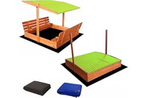 Ladanas® bac à Sable Enfant en Bois fermé de 140x140 cm avec bancs-bac a Sable avec Couvercle- Bois de pin imprégné -bac à Sable avec Toit surbaissé -1 bâche de Protection 1 bâche Isolante Vert