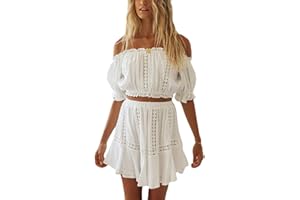 Loalirando 2 Pz Completo Estivo Sexy Donna Ragazza Abito da Spiaggia Vestito Senza Spalline Abito Estivo Donna a Manica in Pizzo Corta Crop Top+Gonna