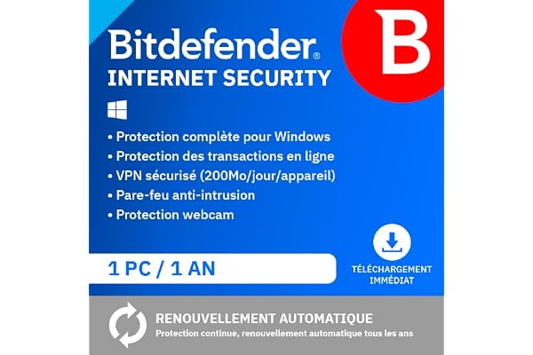 Bitdefender Internet Security| 1 Appareil | 1 An | PC | Code d’activation par email | Renouvellement Automatique