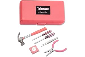Household Hand Tools, Tool Set - 7 Piece by Trimate, Set Includes – Hammer, Screwdriver Set, Pliers (Tool Kit for The Home, Office, or Car) (Pink)
