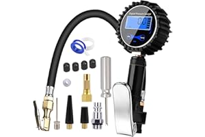 JACO SUPERIOR PRODUCTS Digital Tyre Inflator with Gauge 220 PSI Tyre Pressure Gauge with LCD Display 4 Measurement with Rubber Hose Quick Connect Couple Accessories Tyre Inflator Air Tool for Car Truck Moto Tyre Pressure