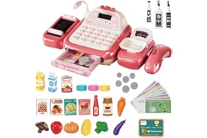 KBIBCK Toy Till Cash Register, 52PCS Pretend Play Cash Register Toy with Scanner, Calculator, Credit Card, Conveyor, Play Money & Food, Mini Kids Shop Play Till for Boy Girl Learning Toys Gifts (Pink)