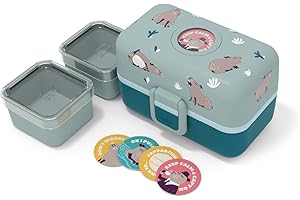 monbento - Lunch Box Bambini MB Tresor Capy - Capibara - Porta Pranzo con 3 Scomparti - Perfetto per Pranzi o Merende a Scuola/Parco - Senza BPA - Sicuro Per Uso Alimentare - Blu Verde