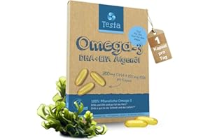 ‎TESTA OMEGA 3 Omega 3 Vegan Algenöl – Hochdosiert 300mg DHA + 150mg EPA pro Kapsel - Nur 1 Kapsel pro Tag - Pflanzliches Omega 3 aus Algenöl - 60 Kapseln