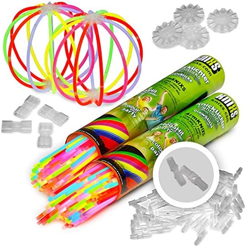 KNIXS - 200 x 8" Glow Sticks, for 10 Years in Professional Quality, German Test Score: 1.6/200 x 3D Bracelet Connector + 4 Extra Ball Connector, 6 Colors Super-Mix