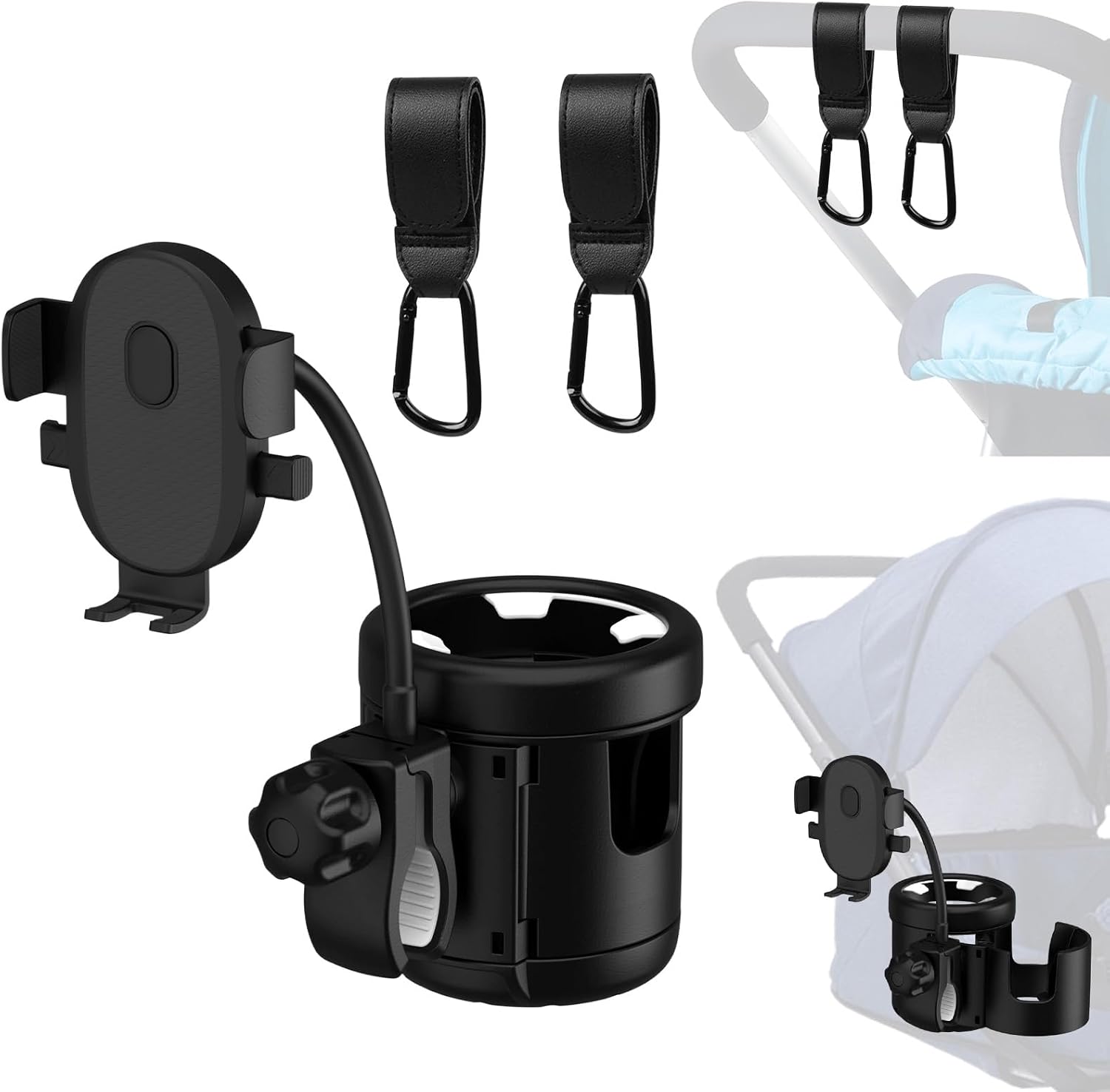 Gsrhzd Portavasos Carrito Bebe, Universal 3 en 1 Soporte para Bebidas para Cochecito de Bebé con 2 Ganchos, para Silla de Ruedas, Bicicletas, Carrito Bebe, Scooters