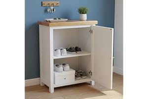 GROF GROFurniture White Shoe Storage Cabinet Painted, Ready-Assembled Hallway Organizer with Oak Top | Wooden Entryway Cabinet for Shoes | Modern Farmhouse Style Cabinet for Living Room