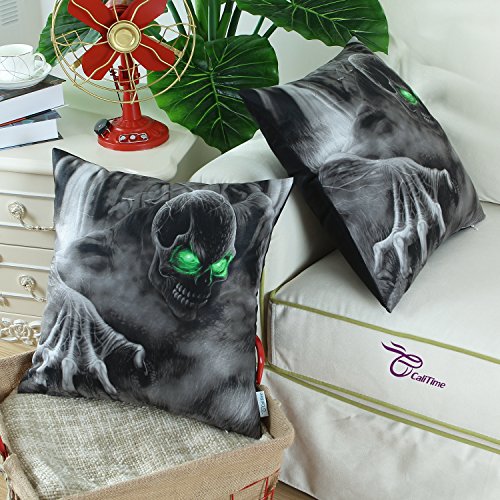 Euphoria CaliTime Home Dekorative Kissenhülle Kissen Hülle bequeme Fleece, Motiv Halloween-Totenkopf, 45 cm X 45 cm, Polyester-Mischgewebe, Green Eyes, 2pcs - 3