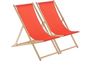 Harbour Housewares Folding Wooden Deck Chairs – Red – Pack of 2 – Adults Traditional Foldable Reclining Outdoor Canvas Sun Lounger Chair Seat for Garden Patio, Beach, Camping