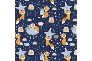 Pingianer Tela de algodón para niños, 300 x 160 cm, 100 % algodón, venta por metros, artesanía, tela de costura, diseño de zorro, noche azul oscuro, 300 x 160 cm