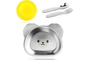 QOUBNIC Stainless Steel Baby Suction Cup Plate, 304 Stainless Steel Children's Plate Canteens with Spoons and Forks, Children's Plate, Baby Plate with Suction Cup, Toddler Utensils, BPA-Free