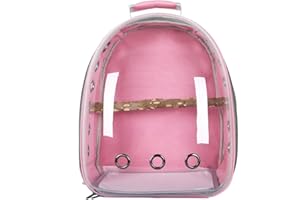 HEITIGN Bird Carrier Backpack Cage Transparent Parrot Carrier 1 Stick Wooden Standing Perch 12 Holes Ventilate Transparent Space Capsule Carrier Portable Bird Small Animal Travel Cage (Pink)