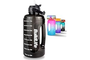 BuildLife 2.2 Litre Water Bottle - Motivational Half Gallon Water Jug w/Straw & Time Marker & Portable Handle BPA Free Leakproof Reusable for Fitness, Gym and Outdoor Sports(Black)