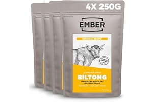 ‎EMBER Ember Rindfleisch Biltong Original 1kg - Proteinreicher Trockenfleisch Beef Jerky Snack - Fettarm, Keto, ohne Zuckerzusatz, keine Künstlichen Farb- und Aromastoffe - 4 x 250-g-Verschlussbeuteln
