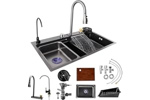 XSpecial Kitchen Sink Waterfall Black Kitchen Sink, Stainless Steel Sink Multifunctional with Mixer Tap for Kitchen Sink, Sink Drain Basket & Complete Kitchen Sink Accessories(75×46cm)