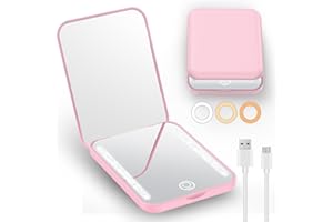 Gospire Mini espejo de maquillaje de viaje recargable con luces y aumento 1X/3X, espejo compacto LED con 3 colores de luz y brillo ajustable, pequeño espejo de tocador de mano para bolsos