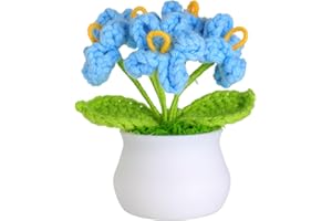 JUSTOYOU Mini pot de fleurs artificielles au crochet, mini pot de fleurs tricoté, fait à la main pour la maison, le bureau, la décoration de table, cadeau pour elle (1, fleur bleue)