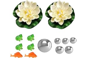 JINJUMEI Mini Bassin Décoratif, 4 Mini Grenouilles, 2 Carpes Koï, 2 Fleurs de Lotus Flottantes et 6 Boules Flottantes, Décoration de Bassin pour Jardin Étangs Piscine Décoration