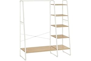 VASAGLE Stand Appendiabiti, Appendiabiti da Terra con Scarpiera, 5 Ripiani Portaoggetti, 6 Ganci Laterali, Camera da Letto, Soggiorno, Corridoio, Industriale, Color Rovere e Bianco Opaco RGR116W09