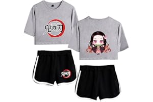 Yumenam Femme Anime 2PCS Survêtement Kamado Nezuko Imprimé Crop Tops + Shorts Ensemble Casual Manches Courtes Tee Shirt + Pantalon Court été Pyjamas Sets Costume de Cosplay
