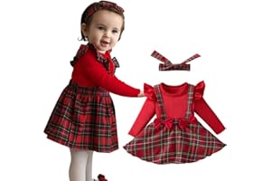 TenhCreek Baby Mädchen Weihnachtsoutfit - Mein erstes Weihnachten Baby kleid, Weihnachtsoutfit Baby Mädchen Rot karierter Jumpsuit, Neugeborene Baby Weihnachten Outfit+Stirnband（3-18 Monate）