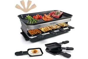 ‎HENGBO Raclette Grill für 6 8 10 Personen mit 8 Rraclette Pfannen 4 4 Holzspatel Antihaft-beschichtete Thermisch Isolierte Griffe 1500W Schwarz Weihnachtsgeschenke Geschenke für Männer Frauen Beste Freundin