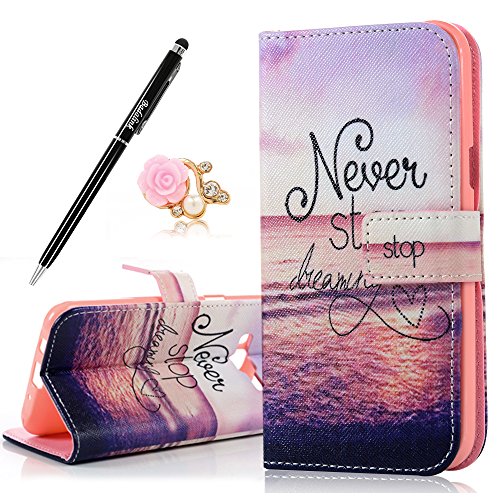 BADALink Hülle für Samsung Galaxy J5 2015 PU Leder Wallet Flip Case Bookstyle Softcase Schutzhülle Etui Schale mit Magnetverschluss Meer Muster Never Stop Learning Rot Cover Shell+Eingabestift +Staubstecker