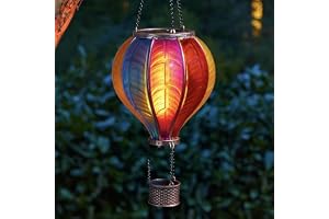Festive Lights - 45cm Solar Hot Air Balloon Lantern – Rainbow Stain Cool Fiesta Multicolour Glass Effect Hanging Garden Light