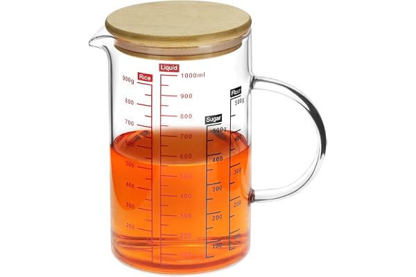QWORK® Verre Doseur en Verre Borosilicaté 1000ml avec Couvercle en Bambou - Échelle Multipl - Passe au Micro-ondes - Idéal pour Jus, Lait et Pâtisserie