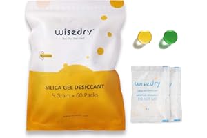 wisedry Woreczki z żelem krzemionkowym, osuszacz, 5 g, 60 sztuk, z pomarańczowymi koralikami, wskaźnik wilgotności, pochłaniacz wilgoci do usuwania wilgoci z suszarki powietrznej, klasa spożywcza