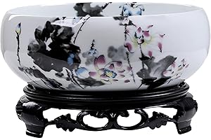 Muzrunq Lotus Planter with Base, Ceramic Water Lily Lotus Bowl Planter, Decorative Round Flowerpot Hydroponic Container for Garden, Balcony, Office