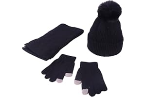 Hinzonek Winter Warm Knit Beanie Hat Scarf Gloves Set for Toddler Boys Girls 3 in 1 Pom Pom Hats Mittens Neck Scarf Set Thick Set Outdoor Wearing