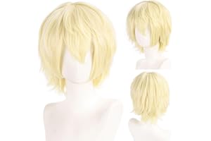 FOUNSHO Anime Peluca Corta Rubio para Hombre Mujer, 12 Inch/30 cm Adulto Cosplay Pelucas Corta, Años 70 80 Cosplay Disfraz Peluca Hombre Natural Lacio Postizo para Halloween Fiesta (Rubio)