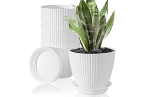 FORAGIFT 15cm Plant Pots Indoor, 6 Pack Stripe Grooves Plastic Flower Pots with Drainage Holes and Tray, Modern Decorative Planter Pot for All House Plants, White