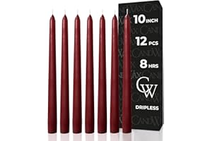CANDWAX 25 cm Taper Candle Set of 12 - Dripless Tapered Candles Unscented Candle Sticks - Long Dinner Candles Long Burning - Burgundy Candles