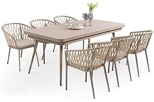 Gartenmöbel Set Sunny mit 1 ausziehbaren Esstisch und 6 Stühlen, Esstisch Gestell aus Alu in Champagner, Seilbespannung der Stühle in beige, Essgruppe inkl. Sitzkissen und Rückenpolster